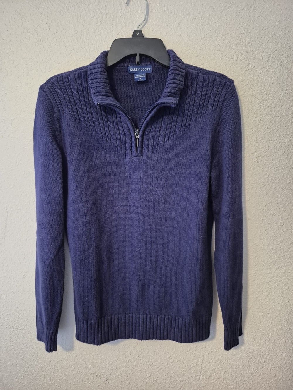 Karen Scott Men's 100% Cotton Knit Quarter Zip Sweater Size Small Navy Blue